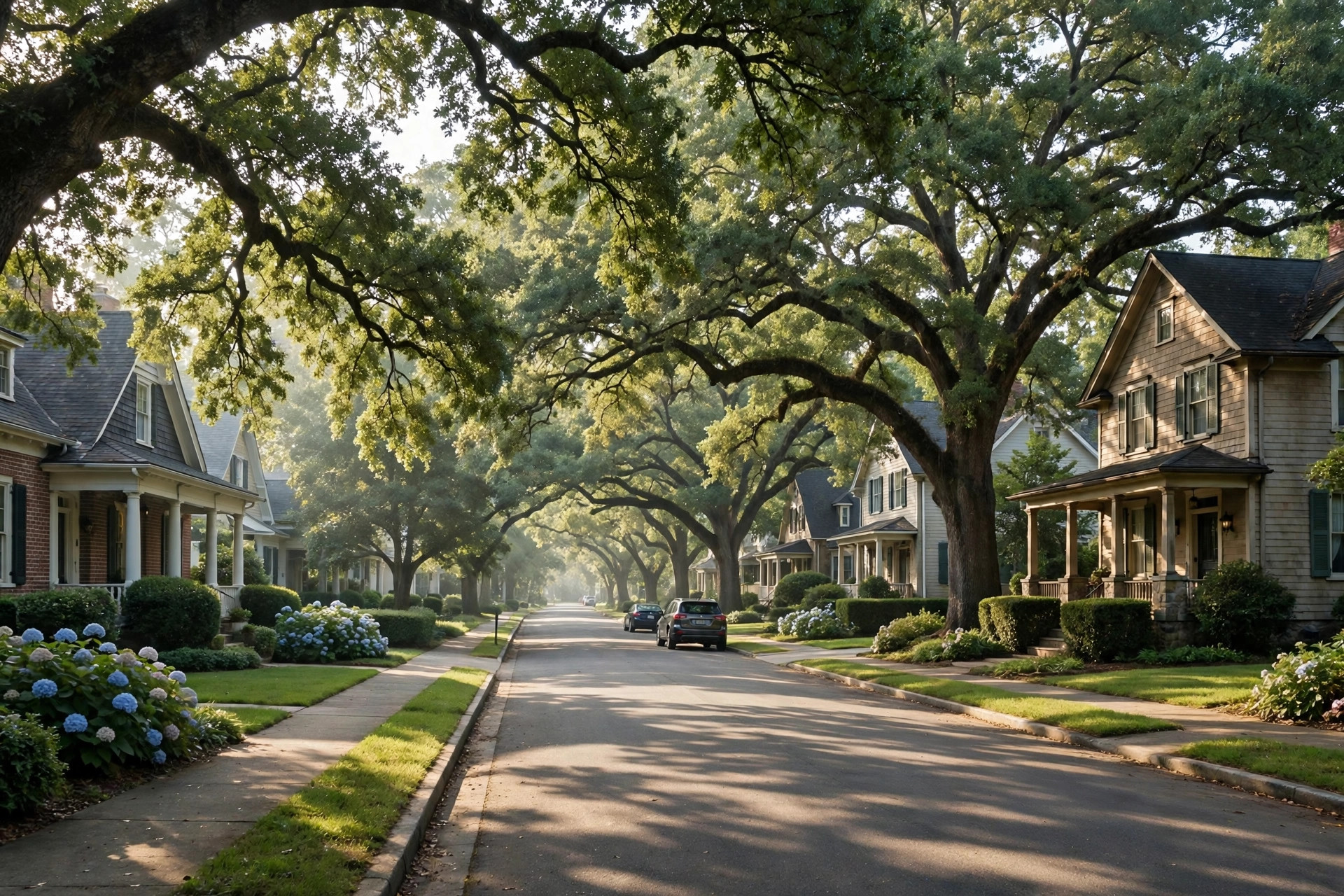 Quiet established residential street with mature trees and older houses