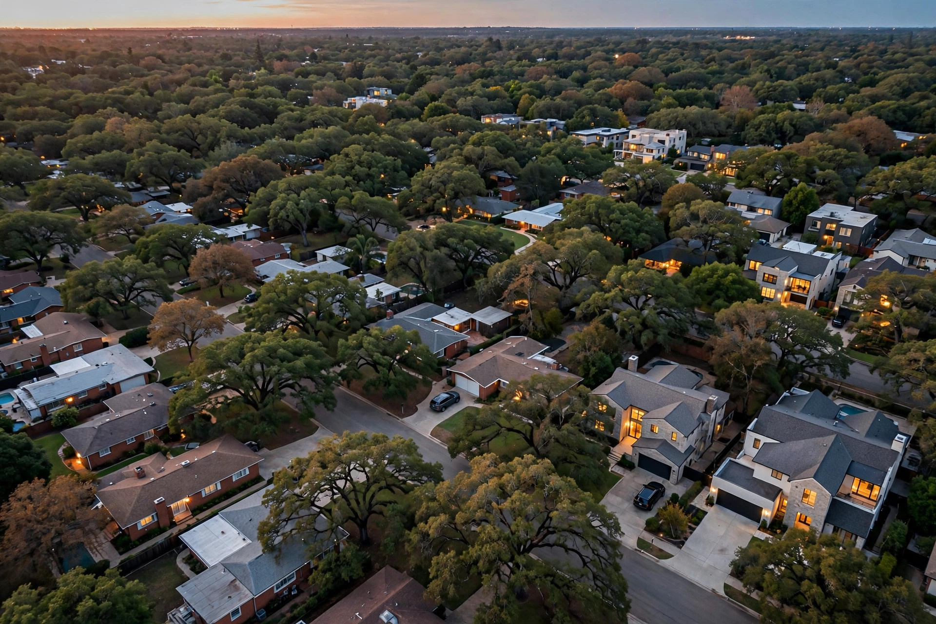 Aerial view above a mature, tree lined residential district in soft evening light