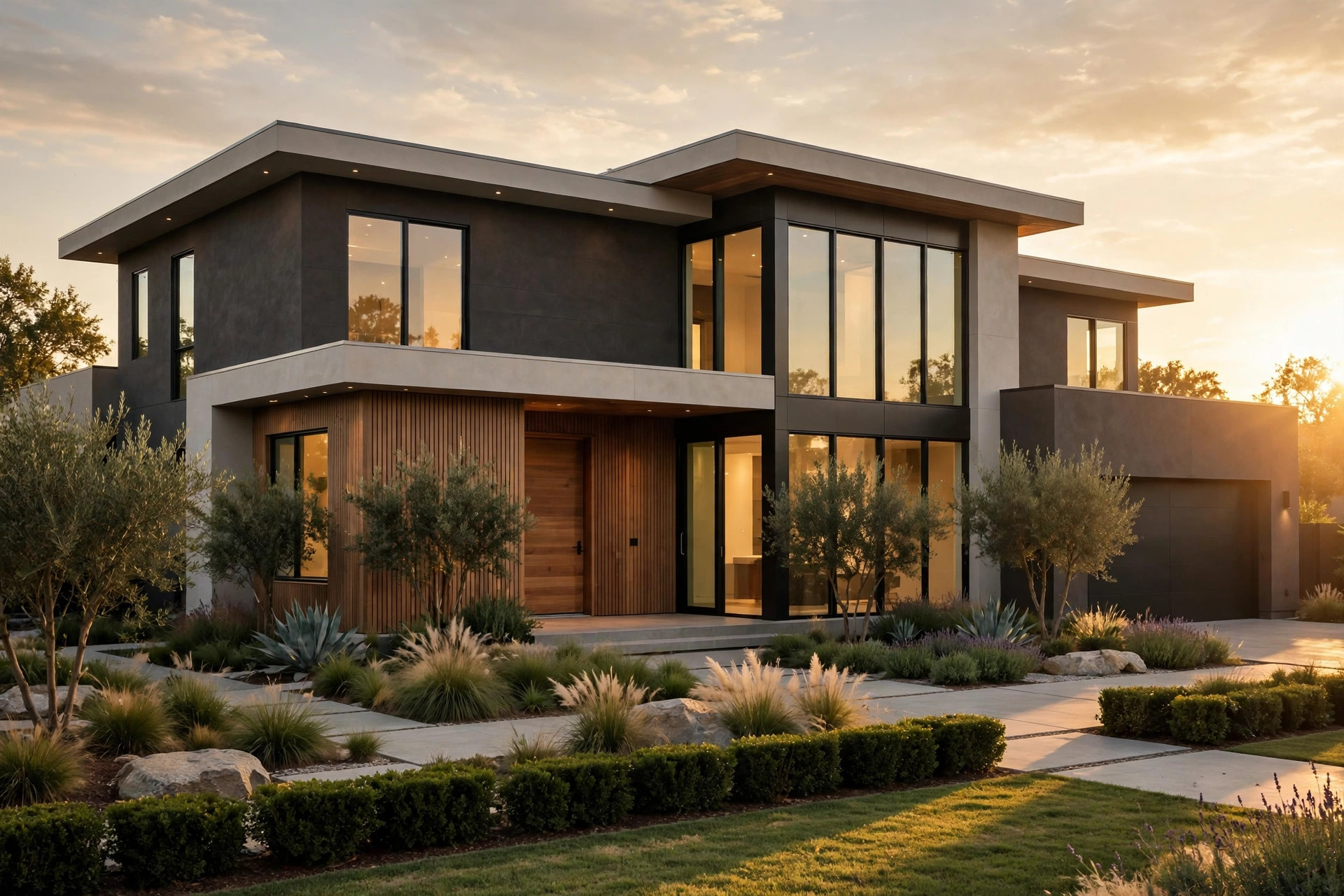 Recently completed new house standing on a residential lot